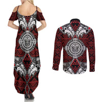 Red Aotearoa Tanilo Motif Couples Matching Summer Maxi Dress and Long Sleeve Button Shirt Vintage Maori New Zealand Tribal Art Pattern LT9 - Polynesian Pride