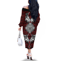 Red Aotearoa Tanilo Motif Family Matching Off The Shoulder Long Sleeve Dress and Hawaiian Shirt Vintage Maori New Zealand Tribal Art Pattern LT9 - Polynesian Pride