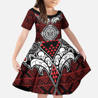 Red Aotearoa Tanilo Motif Family Matching Off Shoulder Maxi Dress and Hawaiian Shirt Vintage Maori New Zealand Tribal Art Pattern LT9 Daughter's Dress Red - Polynesian Pride