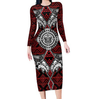 Red Aotearoa Tanilo Motif Long Sleeve Bodycon Dress Vintage Maori New Zealand Tribal Art Pattern LT9 Long Dress Red - Polynesian Pride
