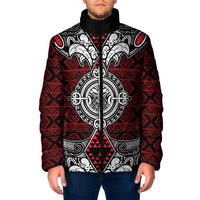 Red Aotearoa Taniko Motif Padded Jacket Vintage Maori New Zealand Tribal Art Pattern - Polynesian Pride