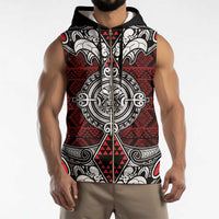 Red Aotearoa Taniko Motif Sleeveless Zip Hoodie Vintage Maori New Zealand Tribal Art Pattern LT9 - Polynesian Pride