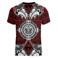 Red Aotearoa Tanilo Motif Women V-Neck T-Shirt Vintage Maori New Zealand Tribal Art Pattern