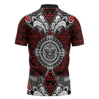 Red Aotearoa Taniko Motif Zipper Polo Shirt Vintage Maori New Zealand Tribal Art Pattern LT9 - Polynesian Pride