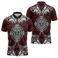 Red Aotearoa Taniko Motif Zipper Polo Shirt Vintage Maori New Zealand Tribal Art Pattern LT9 - Polynesian Pride
