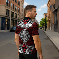 Red Aotearoa Taniko Motif Zipper Polo Shirt Vintage Maori New Zealand Tribal Art Pattern LT9 - Polynesian Pride