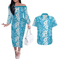 Hawaiian Lei Day Couples Matching Off The Shoulder Long Sleeve Dress and Hawaiian Shirt Blue Hibiscus Flowers Lei Art LT9 Blue - Polynesian Pride