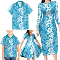 Hawaiian Lei Day Family Matching Long Sleeve Bodycon Dress and Hawaiian Shirt Blue Hibiscus Flowers Lei Art LT9 - Polynesian Pride