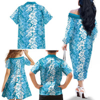 Hawaiian Lei Day Family Matching Off The Shoulder Long Sleeve Dress and Hawaiian Shirt Blue Hibiscus Flowers Lei Art LT9 - Polynesian Pride