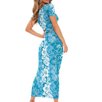 Hawaiian Lei Day Short Sleeve Bodycon Dress Blue Hibiscus Flowers Lei Art