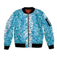 Hawaiian Lei Day Sleeve Zip Bomber Jacket Blue Hibiscus Flowers Lei Art LT9 Unisex Blue - Polynesian Pride