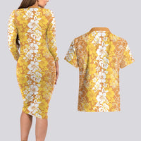 Hawaiian Lei Day Couples Matching Long Sleeve Bodycon Dress and Hawaiian Shirt Gold Hibiscus Flowers Lei Art LT9 - Polynesian Pride