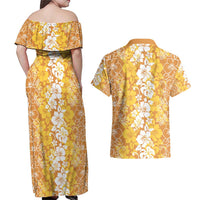 Hawaiian Lei Day Couples Matching Off Shoulder Maxi Dress and Hawaiian Shirt Gold Hibiscus Flowers Lei Art LT9 - Polynesian Pride