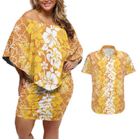 Hawaiian Lei Day Couples Matching Off Shoulder Short Dress and Hawaiian Shirt Gold Hibiscus Flowers Lei Art LT9 Gold - Polynesian Pride