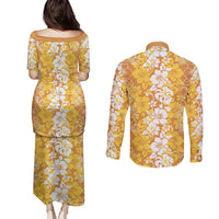 Hawaiian Lei Day Couples Matching Puletasi and Long Sleeve Button Shirt Gold Hibiscus Flowers Lei Art