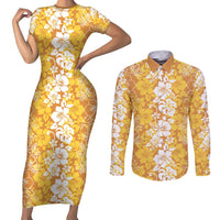 Hawaiian Lei Day Couples Matching Short Sleeve Bodycon Dress and Long Sleeve Button Shirt Gold Hibiscus Flowers Lei Art LT9 Gold - Polynesian Pride