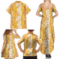 Hawaiian Lei Day Family Matching Summer Maxi Dress and Hawaiian Shirt Gold Hibiscus Flowers Lei Art LT9 - Polynesian Pride