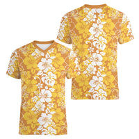Hawaiian Lei Day Women V-Neck T-Shirt Gold Hibiscus Flowers Lei Art