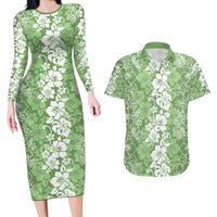 Hawaiian Lei Day Couples Matching Long Sleeve Bodycon Dress and Hawaiian Shirt Green Hibiscus Flowers Lei Art LT9 Green - Polynesian Pride