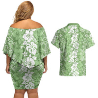 Hawaiian Lei Day Couples Matching Off Shoulder Short Dress and Hawaiian Shirt Green Hibiscus Flowers Lei Art LT9 - Polynesian Pride