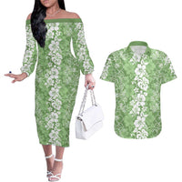 Hawaiian Lei Day Couples Matching Off The Shoulder Long Sleeve Dress and Hawaiian Shirt Green Hibiscus Flowers Lei Art LT9 Green - Polynesian Pride