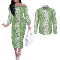 Hawaiian Lei Day Couples Matching Off The Shoulder Long Sleeve Dress and Long Sleeve Button Shirt Green Hibiscus Flowers Lei Art LT9 Green - Polynesian Pride