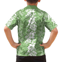 Hawaiian Lei Day Family Matching Off The Shoulder Long Sleeve Dress and Hawaiian Shirt Green Hibiscus Flowers Lei Art LT9 - Polynesian Pride
