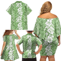 Hawaiian Lei Day Family Matching Off Shoulder Short Dress and Hawaiian Shirt Green Hibiscus Flowers Lei Art LT9 - Polynesian Pride