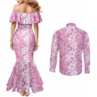 Hawaiian Lei Day Couples Matching Mermaid Dress and Long Sleeve Button Shirt Pink Hibiscus Flowers Lei Art