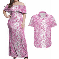 Hawaiian Lei Day Couples Matching Off Shoulder Maxi Dress and Hawaiian Shirt Pink Hibiscus Flowers Lei Art
