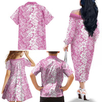 Hawaiian Lei Day Family Matching Off The Shoulder Long Sleeve Dress and Hawaiian Shirt Pink Hibiscus Flowers Lei Art LT9 - Polynesian Pride