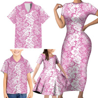 Hawaiian Lei Day Family Matching Short Sleeve Bodycon Dress and Hawaiian Shirt Pink Hibiscus Flowers Lei Art LT9 - Polynesian Pride