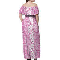 Hawaiian Lei Day Off Shoulder Maxi Dress Pink Hibiscus Flowers Lei Art