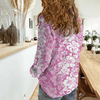 Hawaiian Lei Day Women Casual Shirt Pink Hibiscus Flowers Lei Art