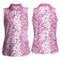 Hawaiian Lei Day Women Sleeveless Polo Shirt Pink Hibiscus Flowers Lei Art