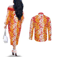 Hawaiian Lei Day Couples Matching Off The Shoulder Long Sleeve Dress and Long Sleeve Button Shirt Red Hibiscus Flowers Lei Art