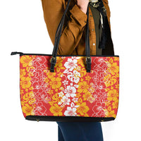 Hawaiian Lei Day Leather Tote Bag Red Hibiscus Flowers Lei Art