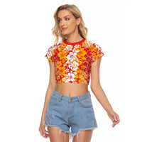 Hawaiian Lei Day Raglan Cropped T Shirt Red Hibiscus Flowers Lei Art