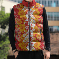 Hawaiian Lei Day Sleeveless Puffer Jacket Red Hibiscus Flowers Lei Art - Polynesian Pride