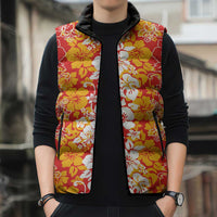 Hawaiian Lei Day Sleeveless Puffer Jacket Red Hibiscus Flowers Lei Art - Polynesian Pride