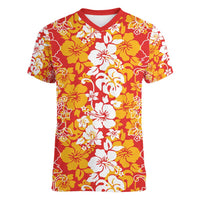 Hawaiian Lei Day Women V-Neck T-Shirt Red Hibiscus Flowers Lei Art
