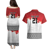 Ikale Tahi Pacific Tonga Rugby Custom Couples Matching Puletasi and Hawaiian Shirt Tongan Ngatu with Flag Pattern