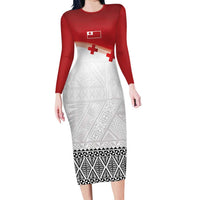 Ikale Tahi Pacific Tonga Rugby Custom Family Matching Long Sleeve Bodycon Dress and Hawaiian Shirt Tongan Ngatu with Flag Pattern LT9 Mom's Dress Red - Polynesian Pride