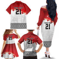 Ikale Tahi Pacific Tonga Rugby Custom Family Matching Off The Shoulder Long Sleeve Dress and Hawaiian Shirt Tongan Ngatu with Flag Pattern