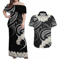 White Sunday Tokelau Gardenia Thunbergia Couples Matching Off Shoulder Maxi Dress and Hawaiian Shirt Fakamalo Atu Kia Te Koutou Uma LT9 Black - Polynesian Pride