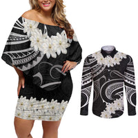 White Sunday Tokelau Gardenia Thunbergia Couples Matching Off Shoulder Short Dress and Long Sleeve Button Shirt Fakamalo Atu Kia Te Koutou Uma LT9 Black - Polynesian Pride