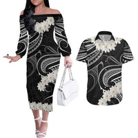 White Sunday Tokelau Gardenia Thunbergia Couples Matching Off The Shoulder Long Sleeve Dress and Hawaiian Shirt Fakamalo Atu Kia Te Koutou Uma LT9 Black - Polynesian Pride