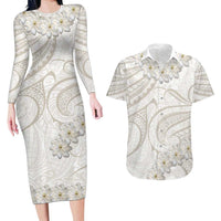 Tokelau Gardenia Thunbergia Couples Matching Long Sleeve Bodycon Dress and Hawaiian Shirt Polynesian Art Vibe LT9 White - Polynesian Pride