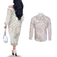 Tokelau Gardenia Thunbergia Couples Matching Off The Shoulder Long Sleeve Dress and Long Sleeve Button Shirt Polynesian Art Vibe LT9 - Polynesian Pride