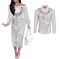 Manuia le Aso Sa o Tamaiti Tonga Couples Matching Off The Shoulder Long Sleeve Dress and Long Sleeve Button Shirt White Sunday Heilala Lei LT9 White - Polynesian Pride